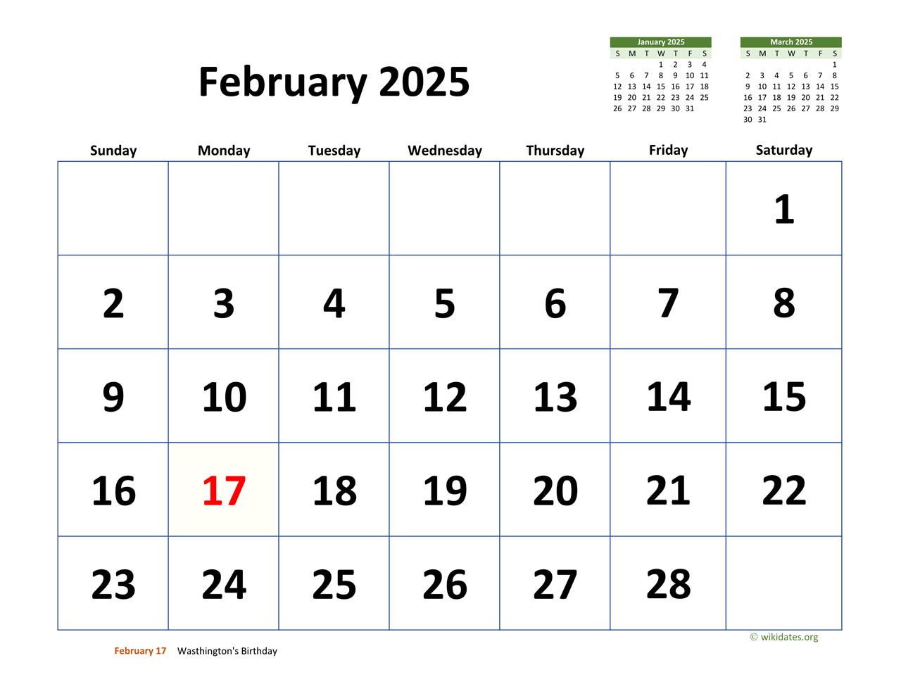February 2025 Calendar with Extralarge Dates