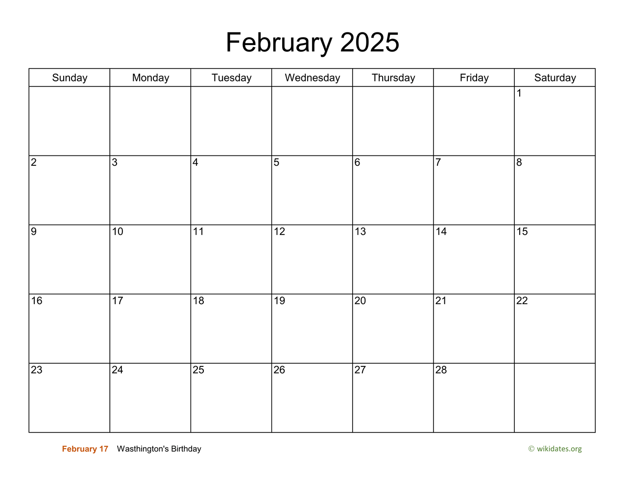 Basic Calendar for February 2025  WikiDates.org