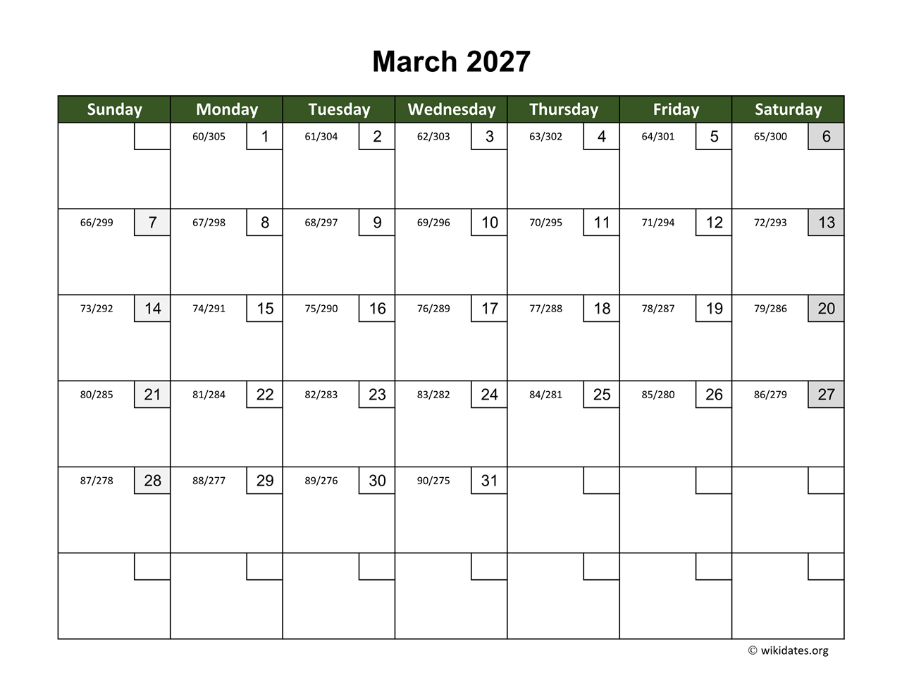 March 2027 Calendar With Day Numbers WikiDates