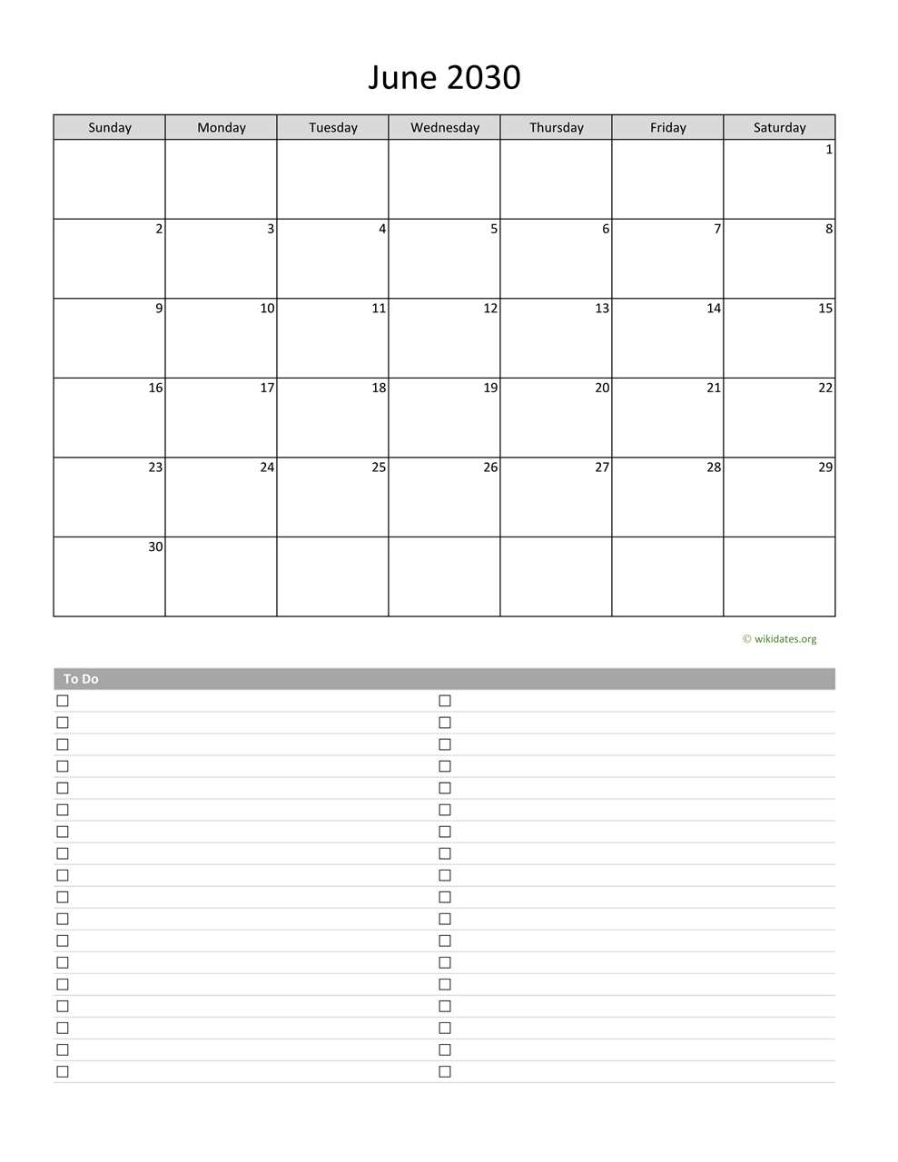 June 2030 Calendar with To-Do List | WikiDates.org
