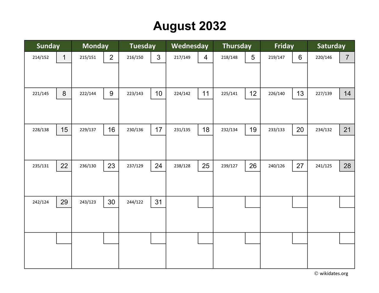 August 2032 Calendar with Day Numbers WikiDates org