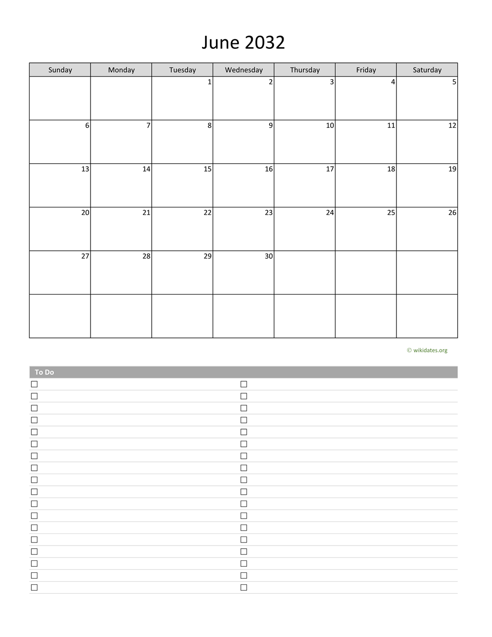 June 2032 Calendar with To Do List WikiDates org