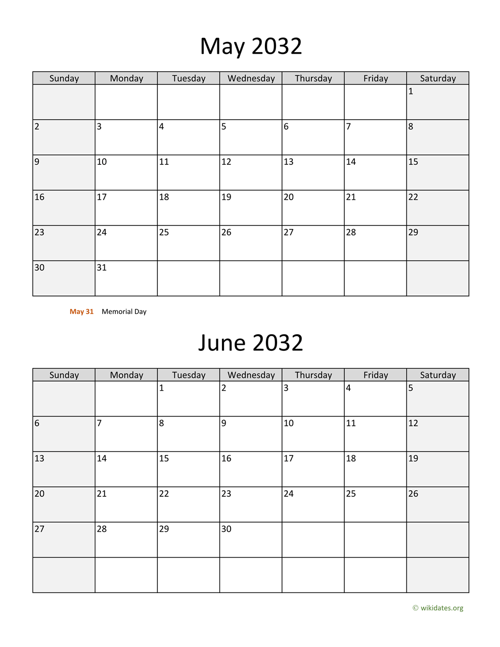 May And June 2032 Calendar