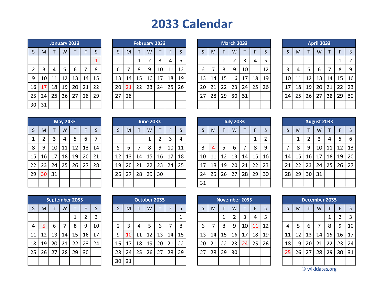 2033 Calendar in PDF | WikiDates.org