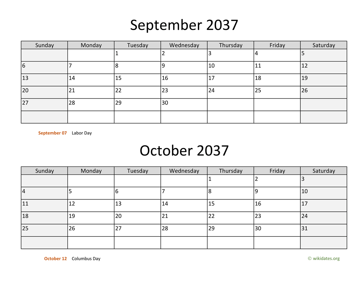 September And October 2037 Calendar 