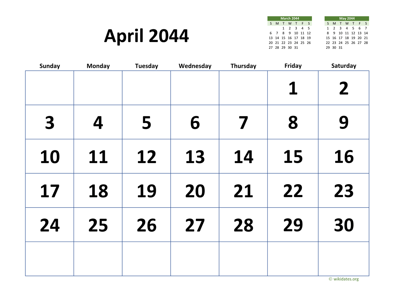 April 2044 Calendar With Extra large Dates WikiDates