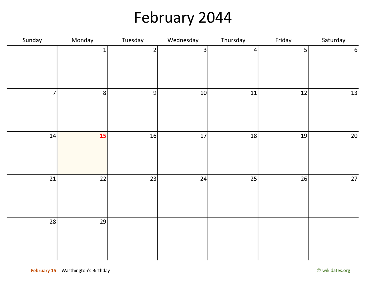 February 2044 Calendar with Bigger boxes | WikiDates.org