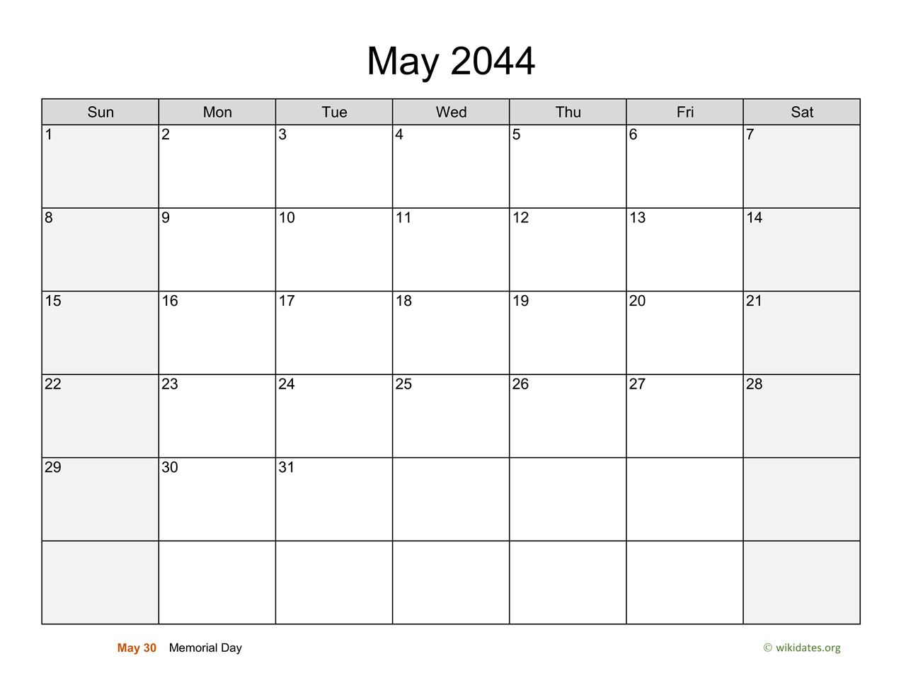 May 2044 Calendar with Weekend Shaded | WikiDates.org