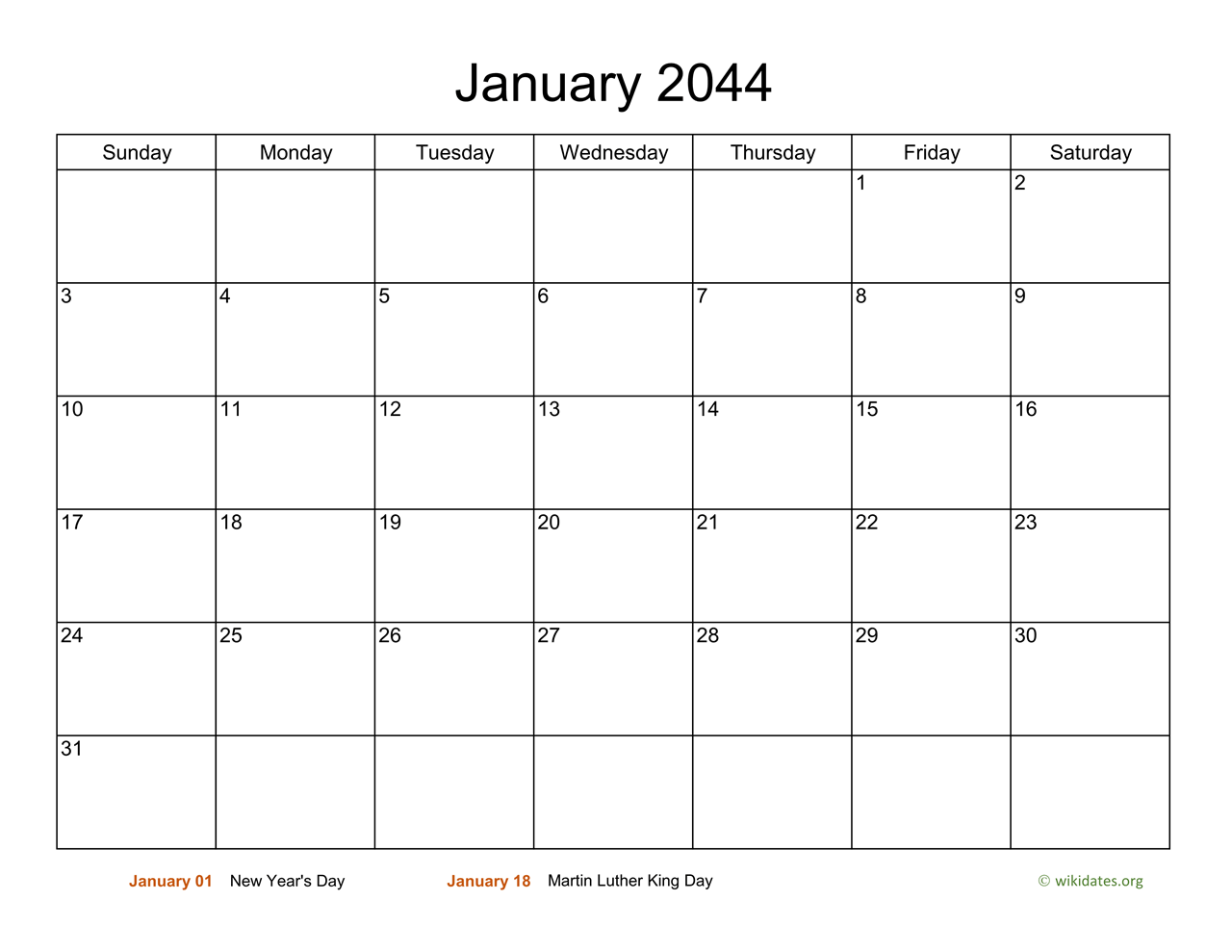 Monthly Basic Calendar for 2044
