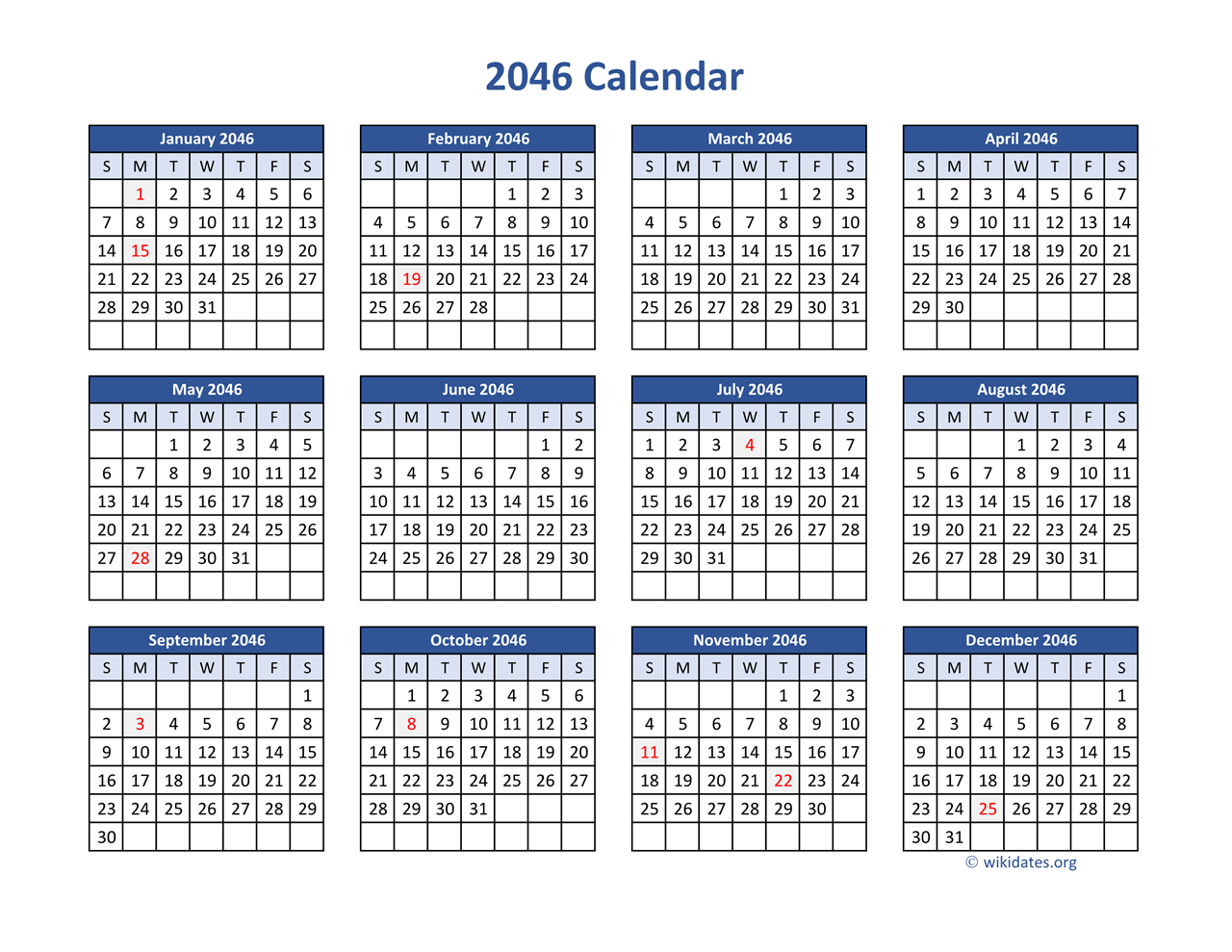 2046 Calendar in PDF | WikiDates.org