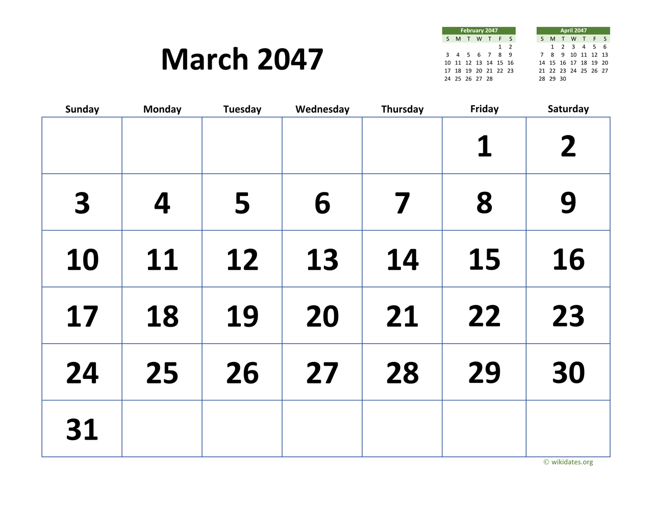 March 2047 Calendar with Extra large Dates WikiDates org