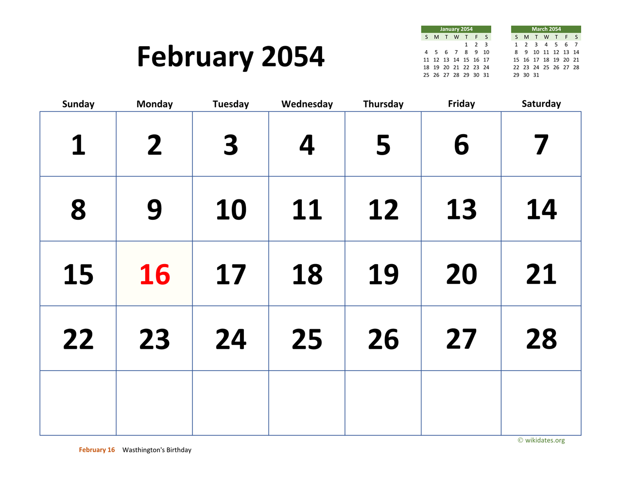 February 2054 Calendar with Extra large Dates WikiDates org