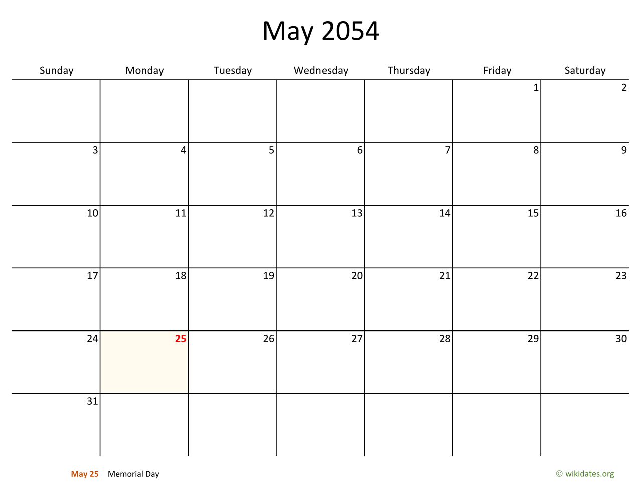 May 2054 Calendar with Bigger boxes | WikiDates.org