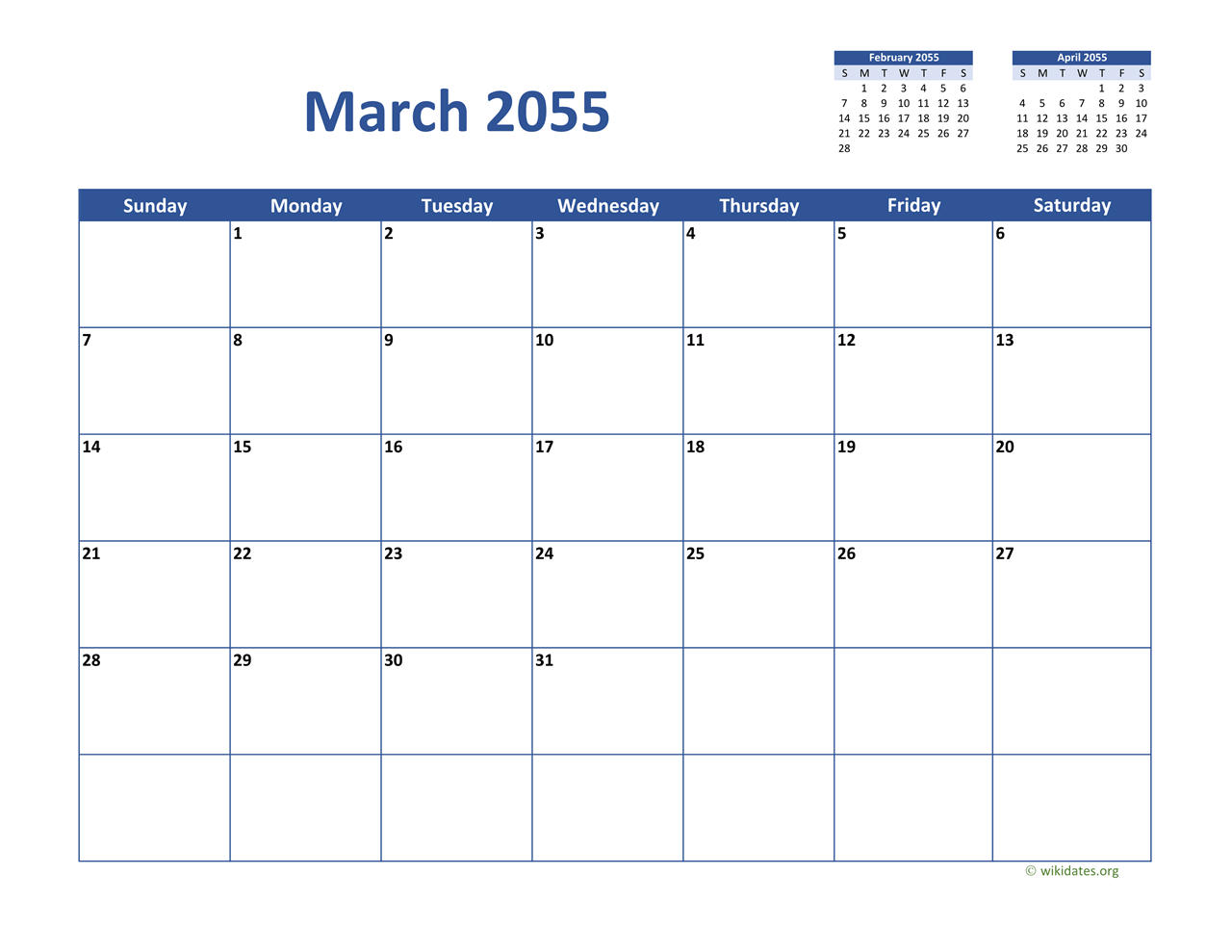 March 2055 Calendar Classic | WikiDates.org