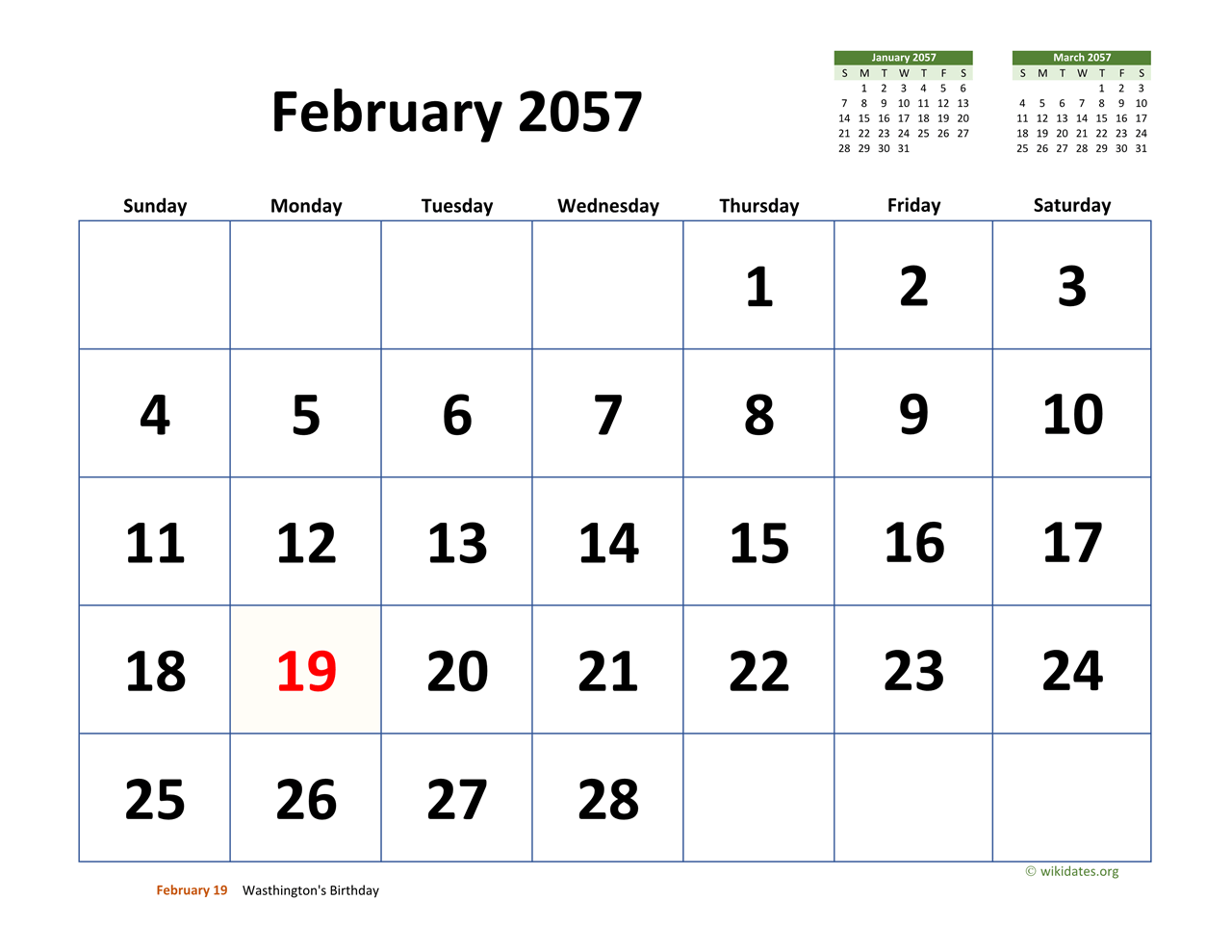 February 2057 Calendar with Extralarge Dates