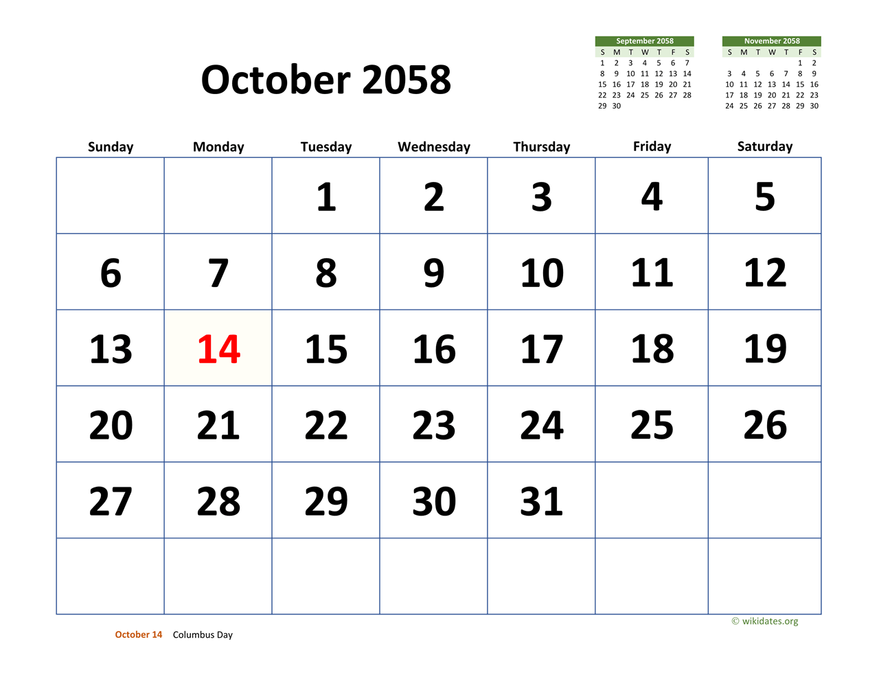 October 2058 Calendar with Extralarge Dates