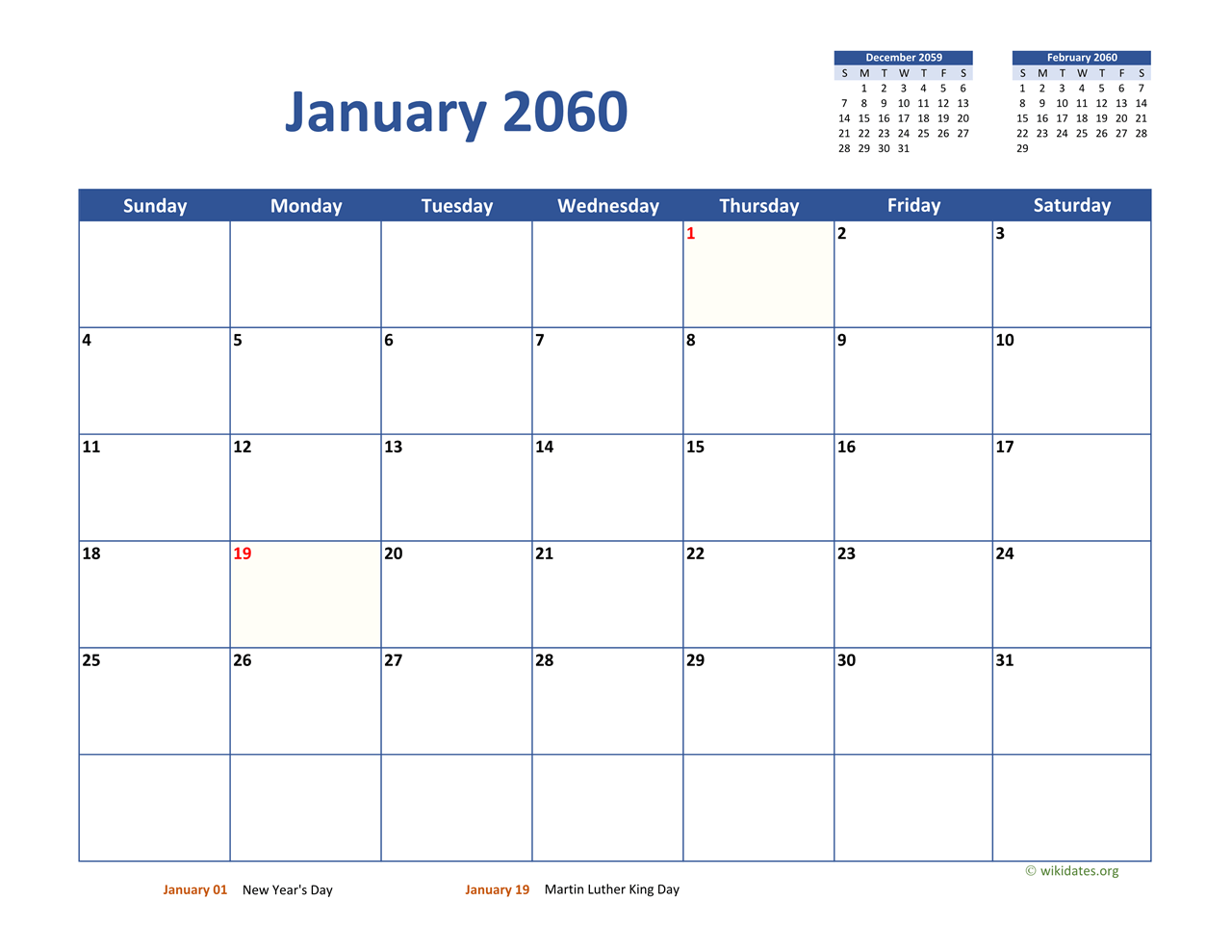 January 2060 Calendar Classic | WikiDates.org