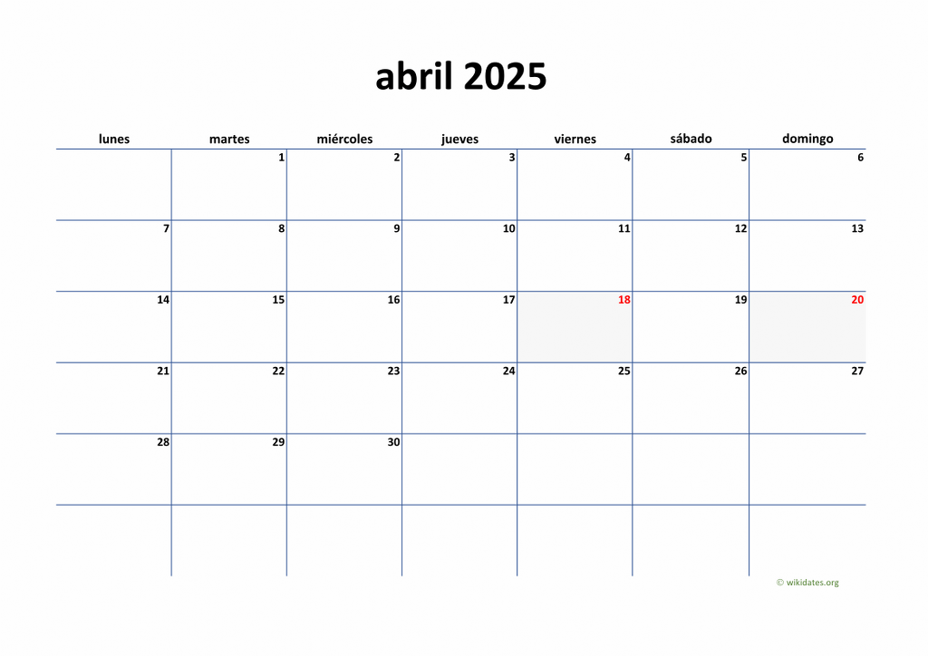 Calendario Abril 2025