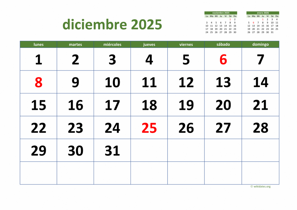 Calendario Diciembre 2025