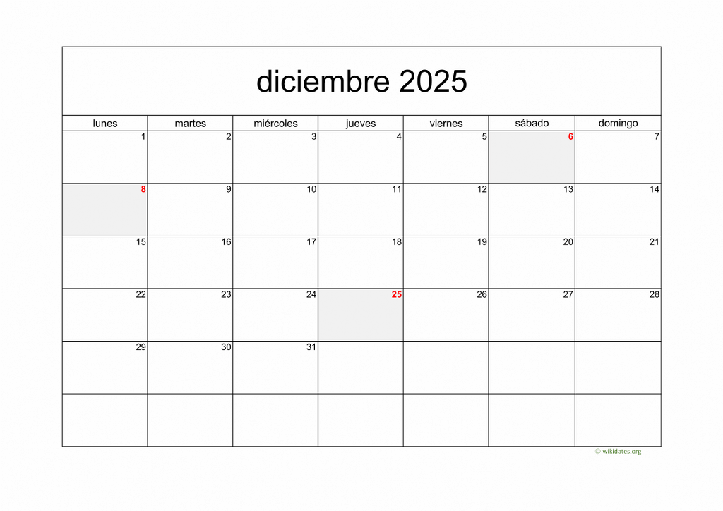 Calendario Diciembre 2025  WikiDates.org