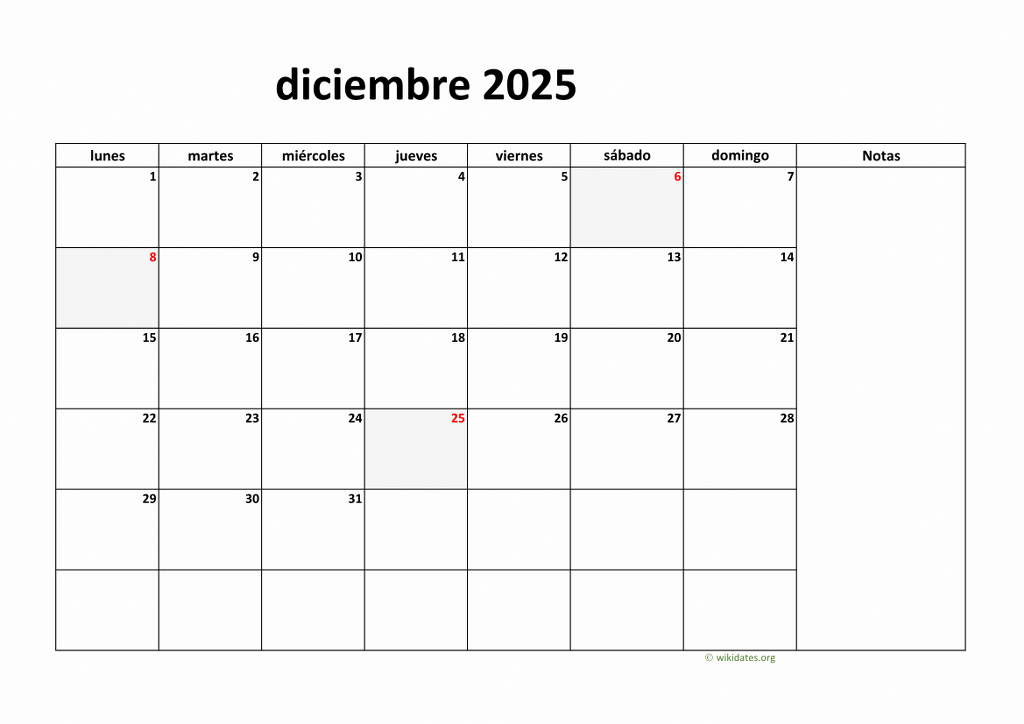 Calendario Diciembre 2025