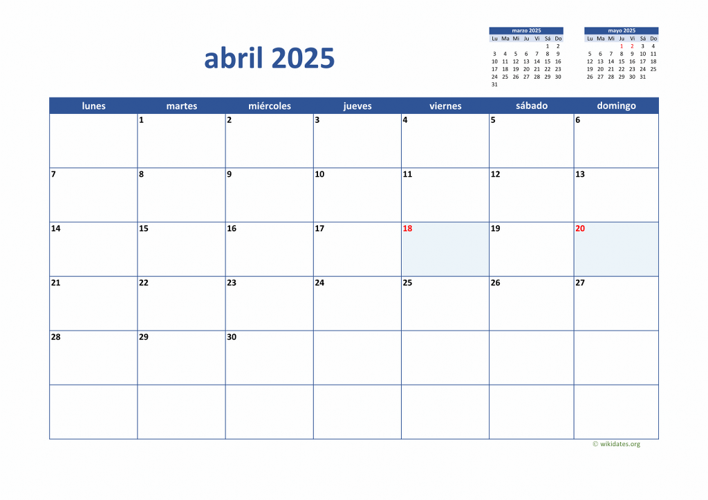 Calendario Abril 2025