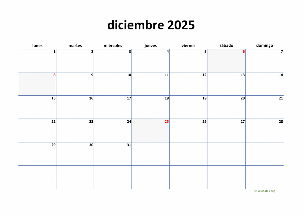 Calendario Diciembre 2025