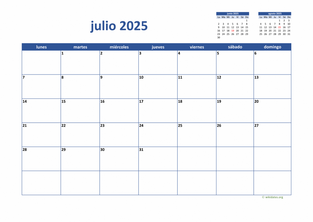 Calendario Julio 2025