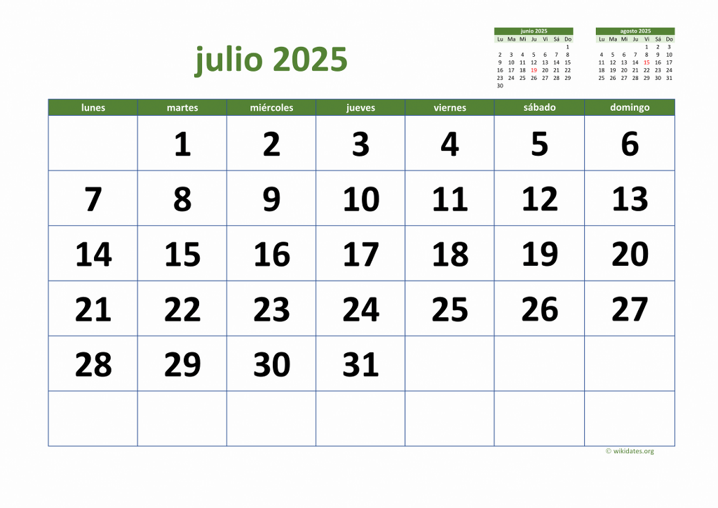 Calendario Julio 2025