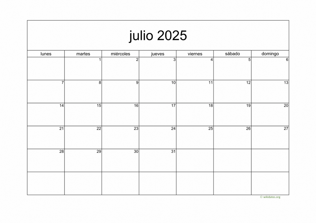 Calendario Julio 2025