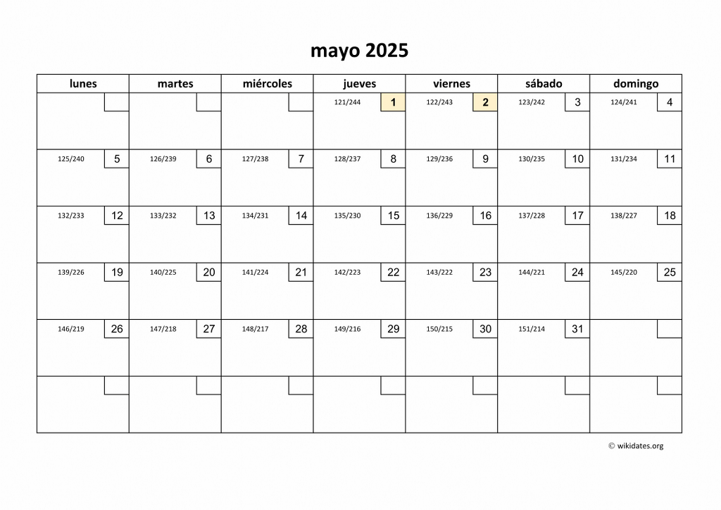 Calendario Mayo 2025