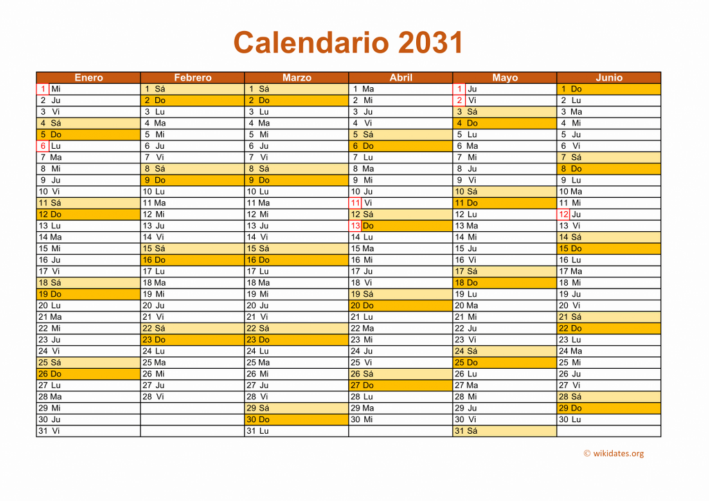 Calendario 2031 Calendario De España Del 2031