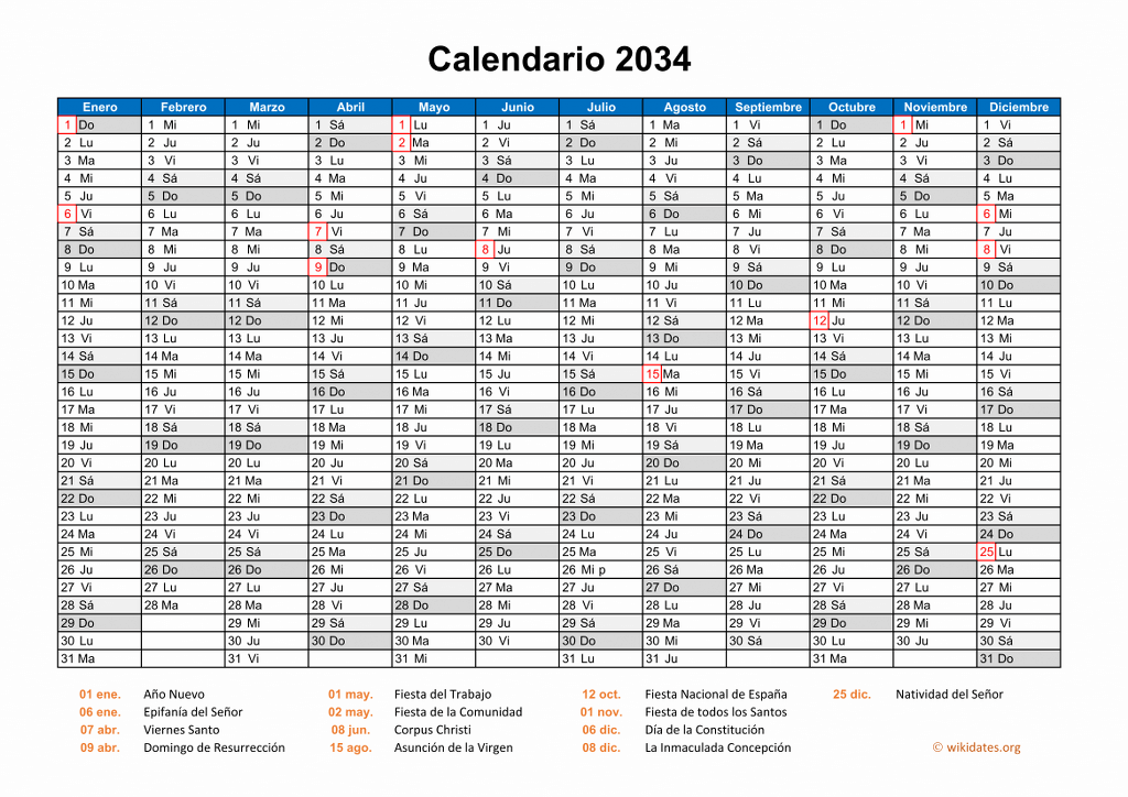 Calendario 2034 Calendario De España Del 2034 1805