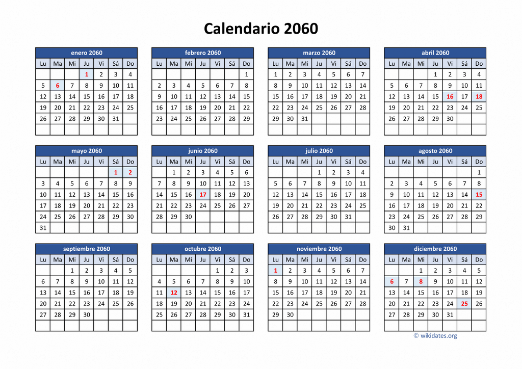 Calendario 2060 - Calendario de España del 2060 | WikiDates.org