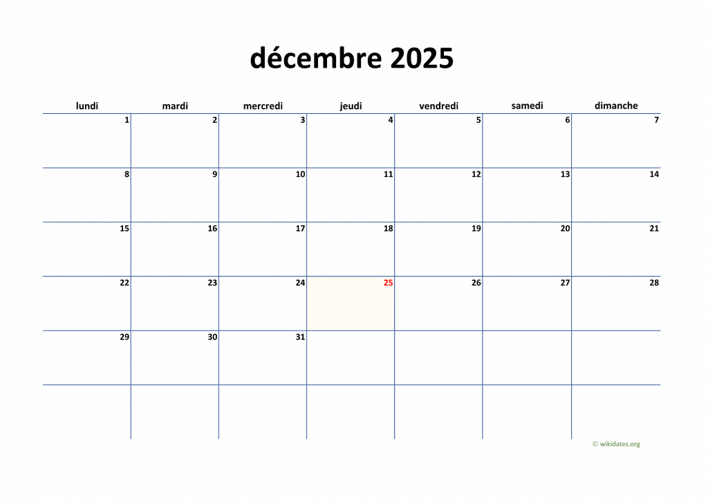 Calendrier Décembre 2025