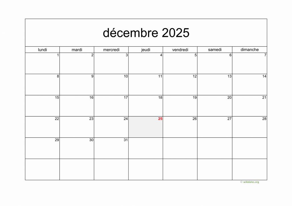 Calendrier Décembre 2025