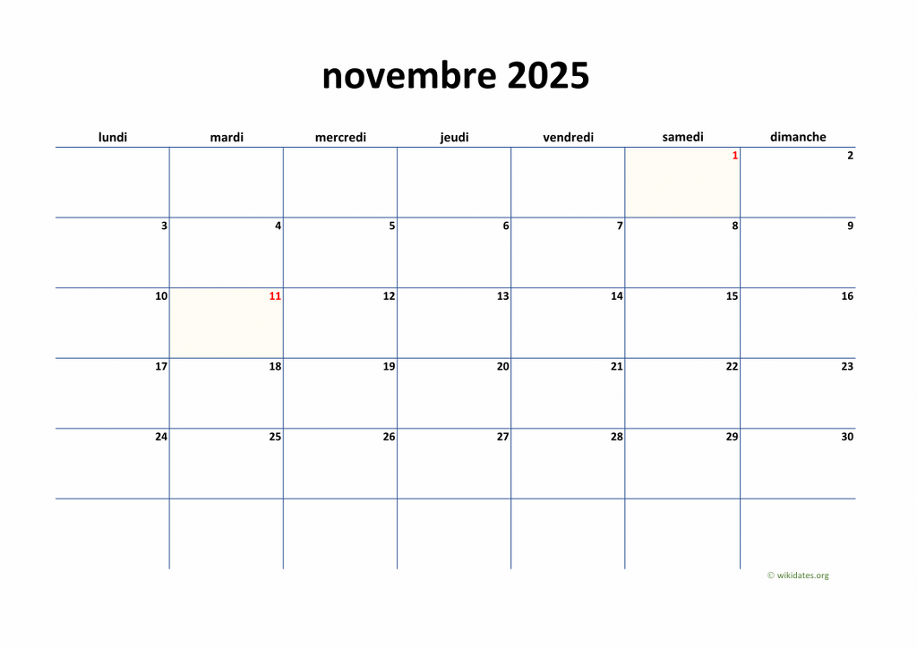 Calendrier Novembre 2025 