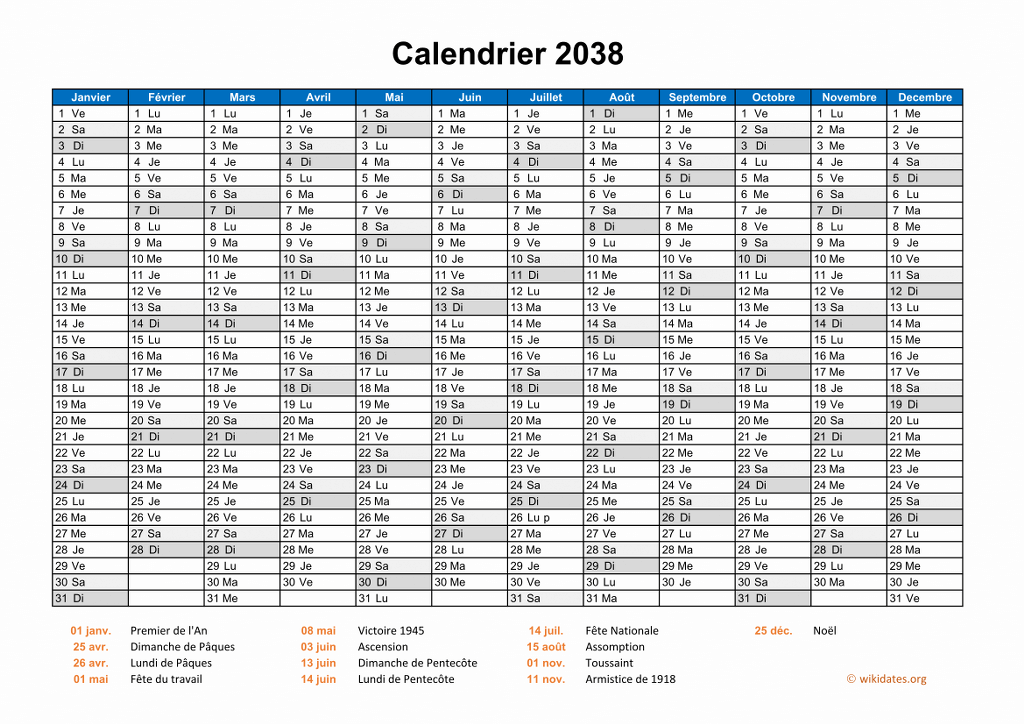 Calendrier 2038 à imprimer | WikiDates.org