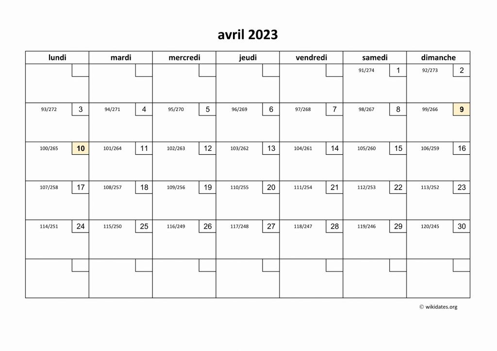 Calendrier Avril 2023 | WikiDates.org