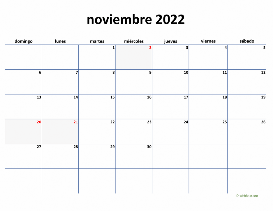 Calendario Noviembre 2022 De México