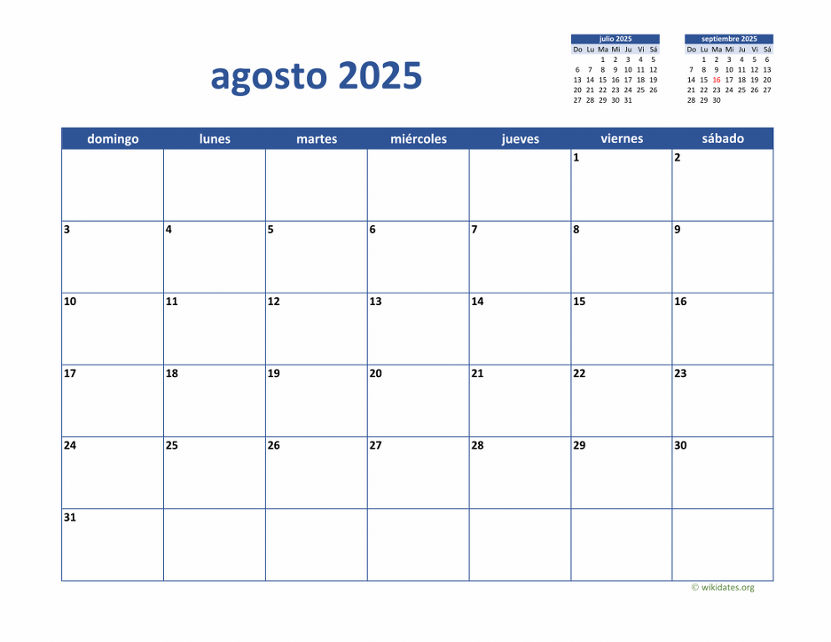 Calendario Agosto 2025 de México  WikiDates.org