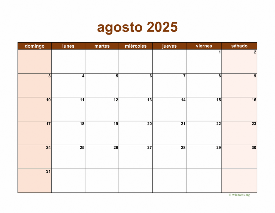 Calendario Agosto 2025 de México