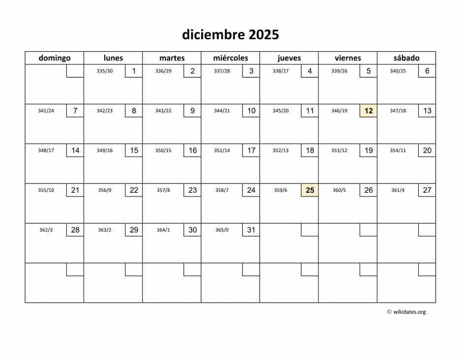 Calendario Diciembre 2025 de México