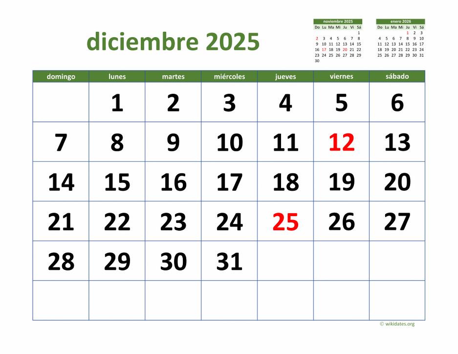 Calendario Diciembre 2025 de México