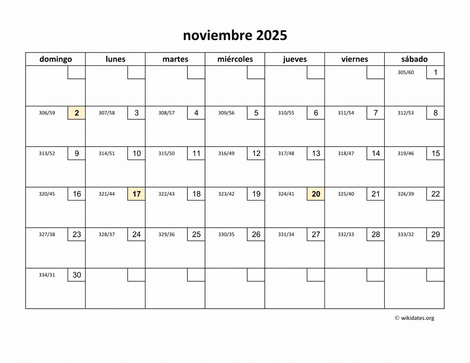 Calendario Noviembre 2025 de México