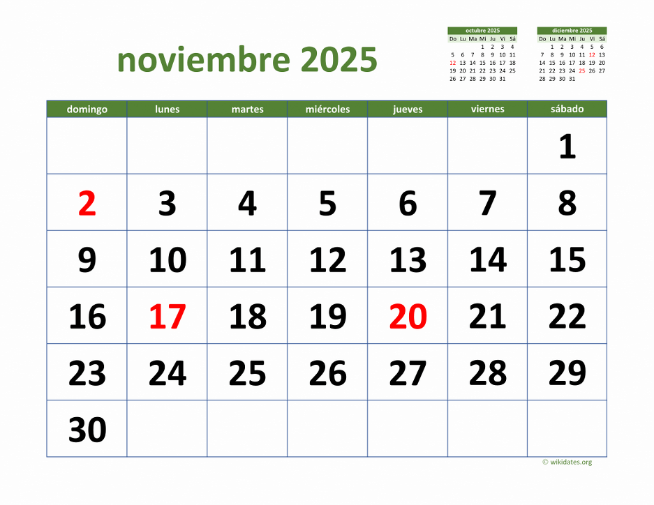 Calendario Noviembre 2025 de México