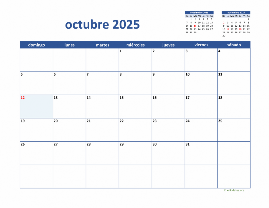 Calendario Octubre 2025 de México