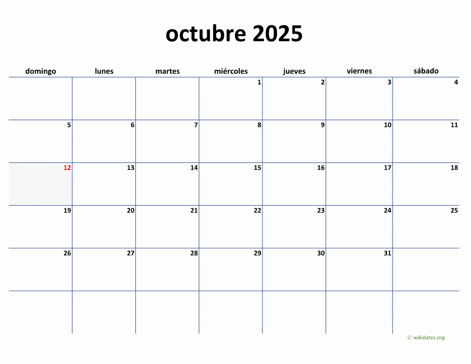 Calendario Octubre 2025 de México WikiDates.org