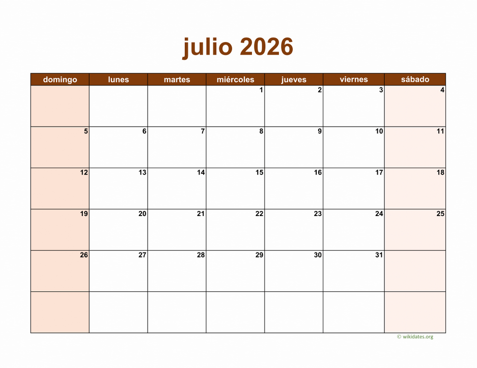 Calendario Julio 2026 de México  WikiDates.org