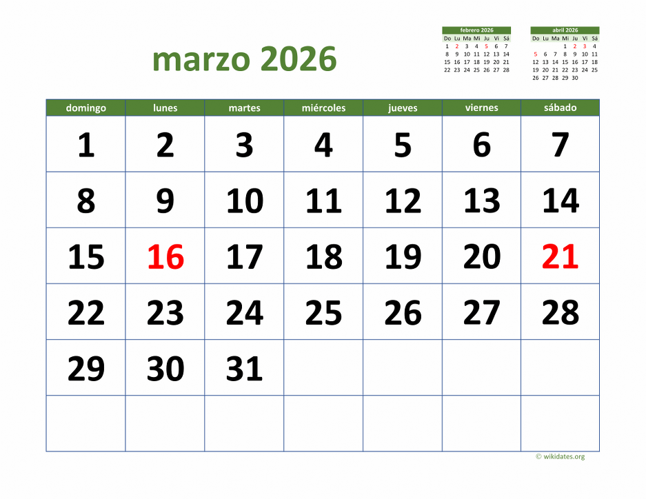 Calendario Marzo 2026 de México  WikiDates.org